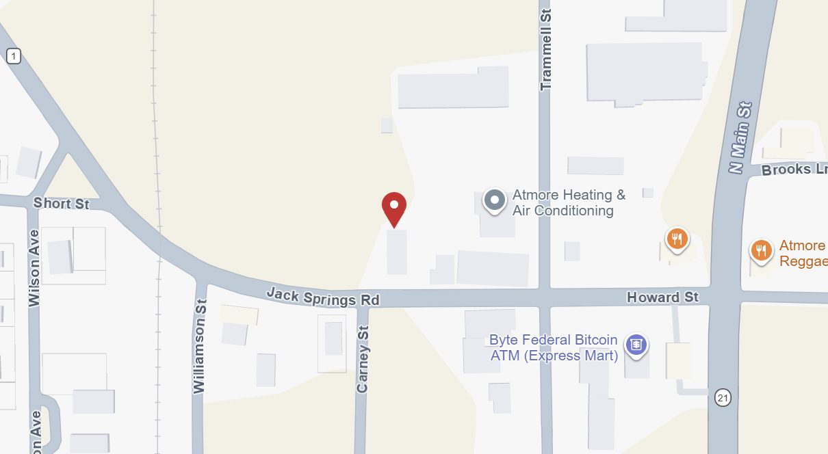 Map showing A&T Homes at 204 Howard St, Atmore, AL 36502, USA